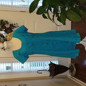 Click by Color Me Cotton turquoise 100% linen dress button front cap slv M EUC…